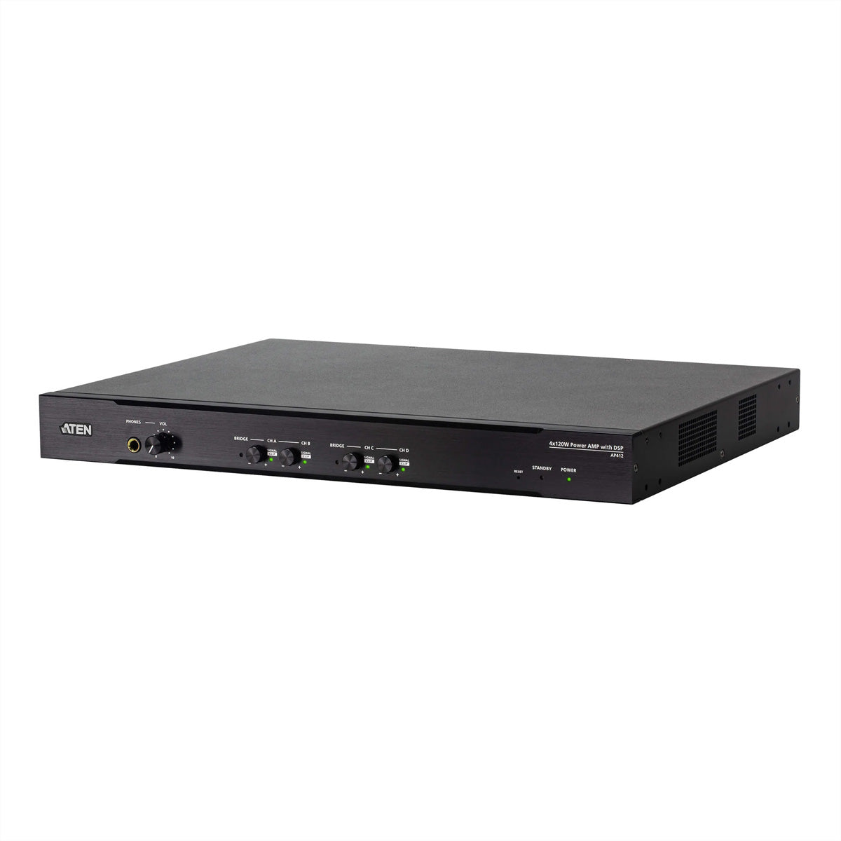 ATEN AP412 – Stereo-Vollverstärker, 4×120 W, Euroblock, RS-232, Ethernet, Schwarz