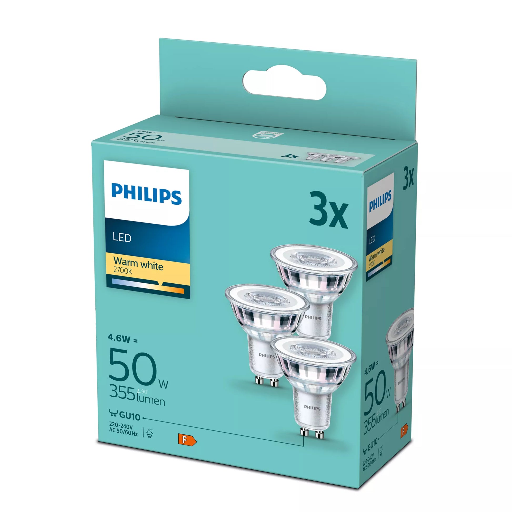 Philips by Signify Philips LED-Leuchtmittel GU10 – 355 lm, 4,6 W, Warmweiss 2700 K, 36°, 3 Stk., Transparent