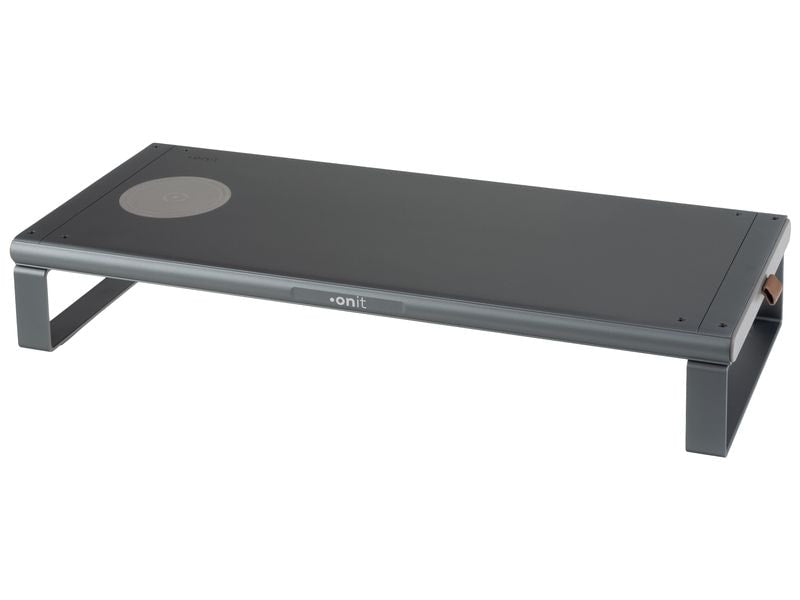 ONIT Charge – Monitorhalterung, Standfuss, bis 49", 20 kg, Qi-Ladepad, Silbergrau