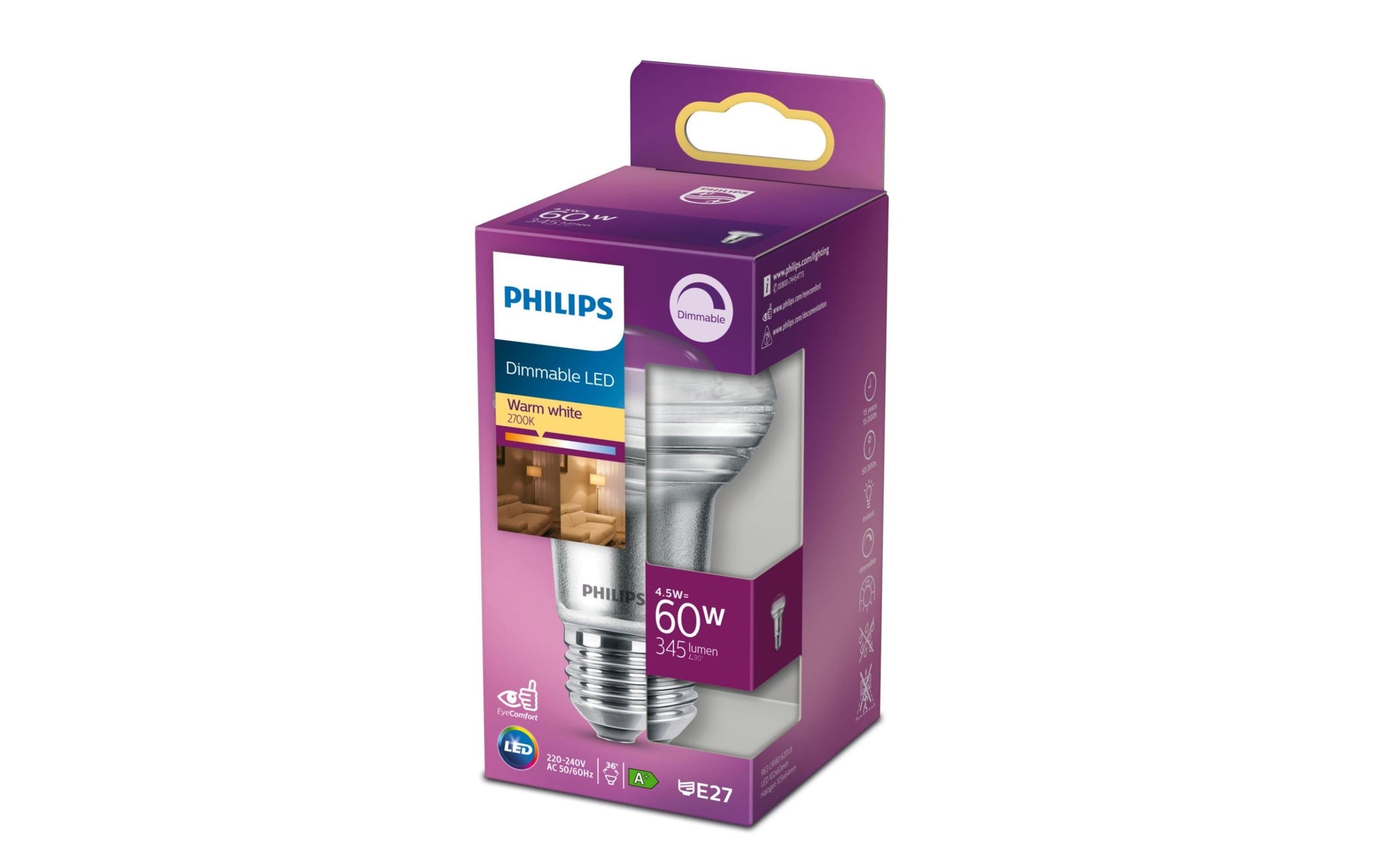 Philips by Signify Philips LED-Leuchtmittel Reflektor R63 E27 – Warmweiss 2700 K, 345 lm, 4,5 W, 36° – 1 Stk. – Klar, Glas