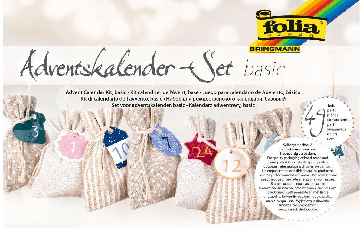 Folia Basic – Adventskalender – Weihnachten – 10 × 13 cm – 24 Beutel – Baumwolle/Polyester
