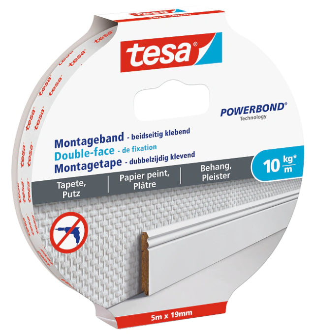 TESA Montageband extra stark – 19 mm × 5 m, weiss, bis 10 kg/10 cm, für Tapete/Putz, Innen