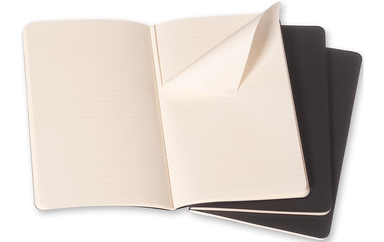 Moleskine Notizheft – 130 × 210 mm – 80 Blatt – 70 g/m² – Fadenheftung, grosse Innentasche – schwarz, 3 Stück
