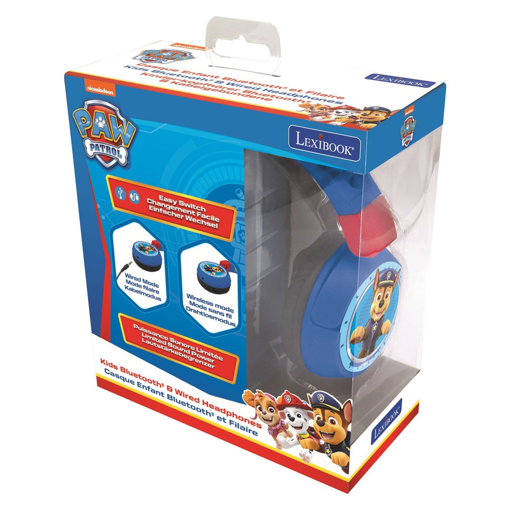 Lexibook Paw Patrol HPBT010PA Kinderkopfhörer – Over-Ear, Stereo, Kabel + BT, 85 dB-Limit, Blau, BT 5.0