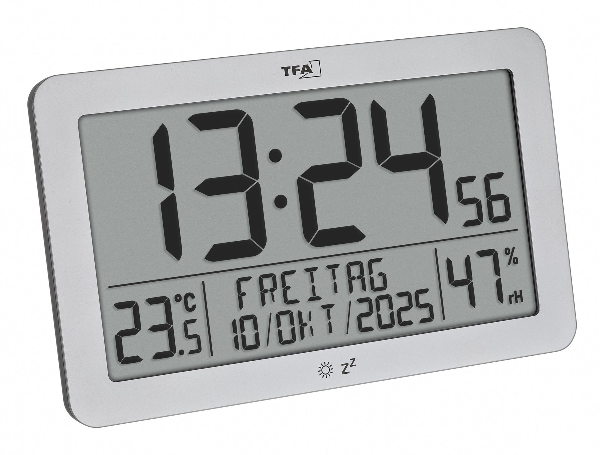 TFA-Dostmann TFA Dostmann Wanduhr – Digital, Funk, Thermometer, Hygrometer, Schlummerfunktion, Kalender, 20 × 12,4 × 6,3 cm, Silber