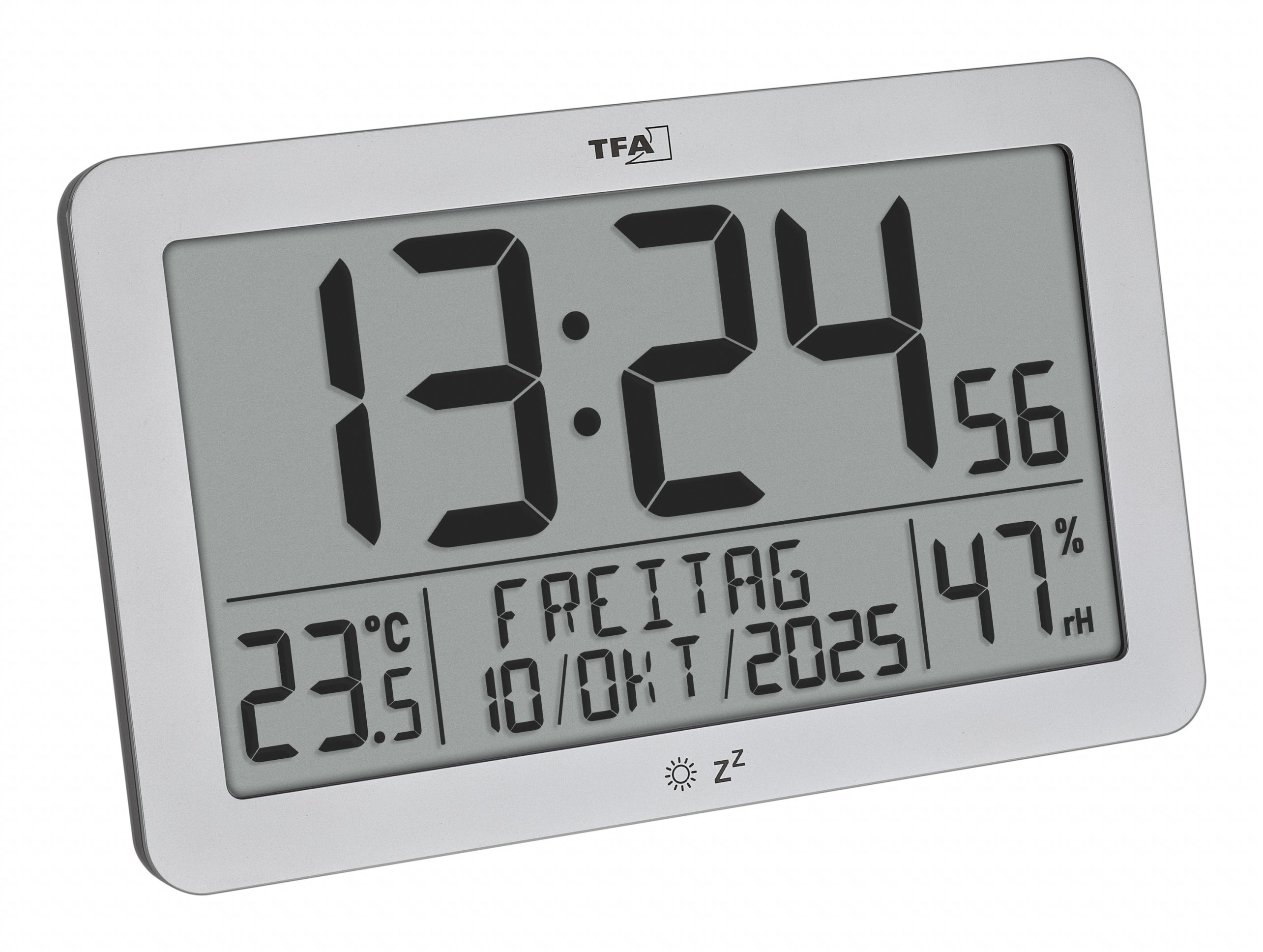 TFA-Dostmann TFA Dostmann Wanduhr – Digital, Funk, Thermometer, Hygrometer, Schlummerfunktion, Kalender, 20 × 12,4 × 6,3 cm, Silber
