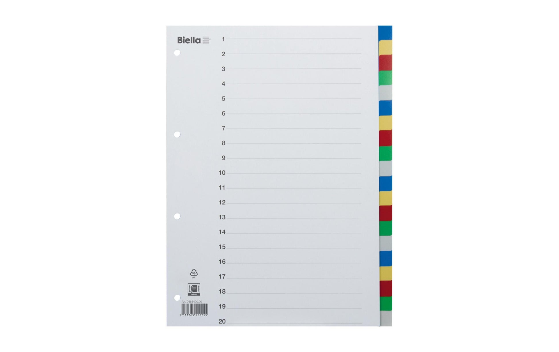 Biella Register – A4, 20-teilig, PP, farbig, unbedruckt, Indexblatt, 4-fach Lochung, für A4