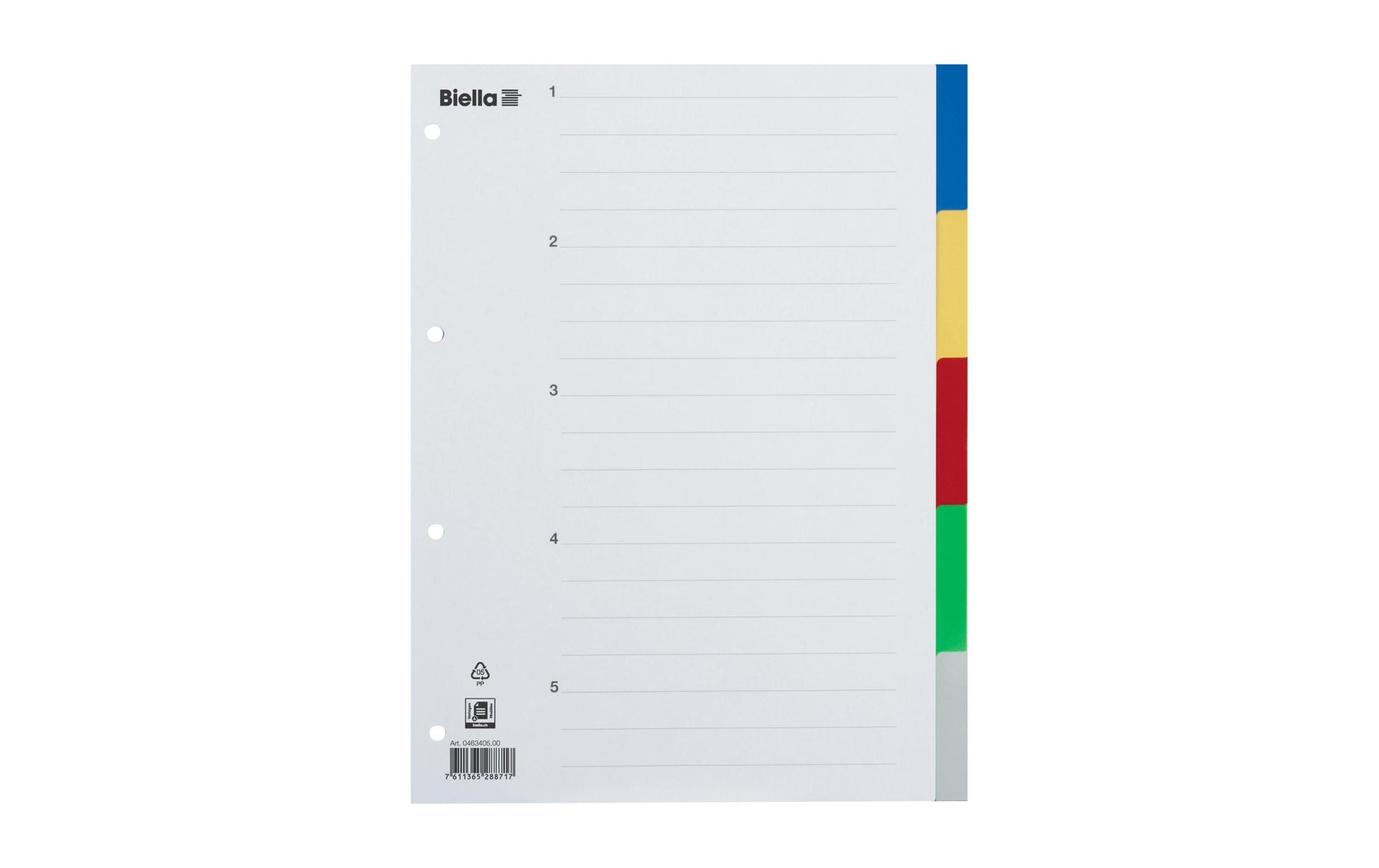 Biella Register – A4, 5-teilig, PP, farbig, unbedruckt, Indexblatt aus Karton, 4-fach-Lochung, für A4