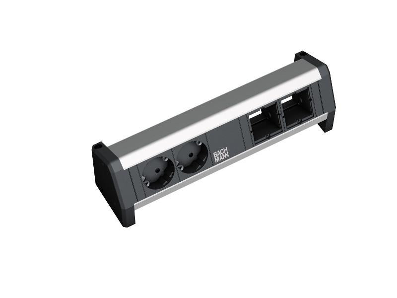 Bachmann DESK Aufbau-Anschlussfeld 230 V/16 A – Schutzkontakt×2 (CEE 7/3), GST18-Eingang – Schwarz/Silber