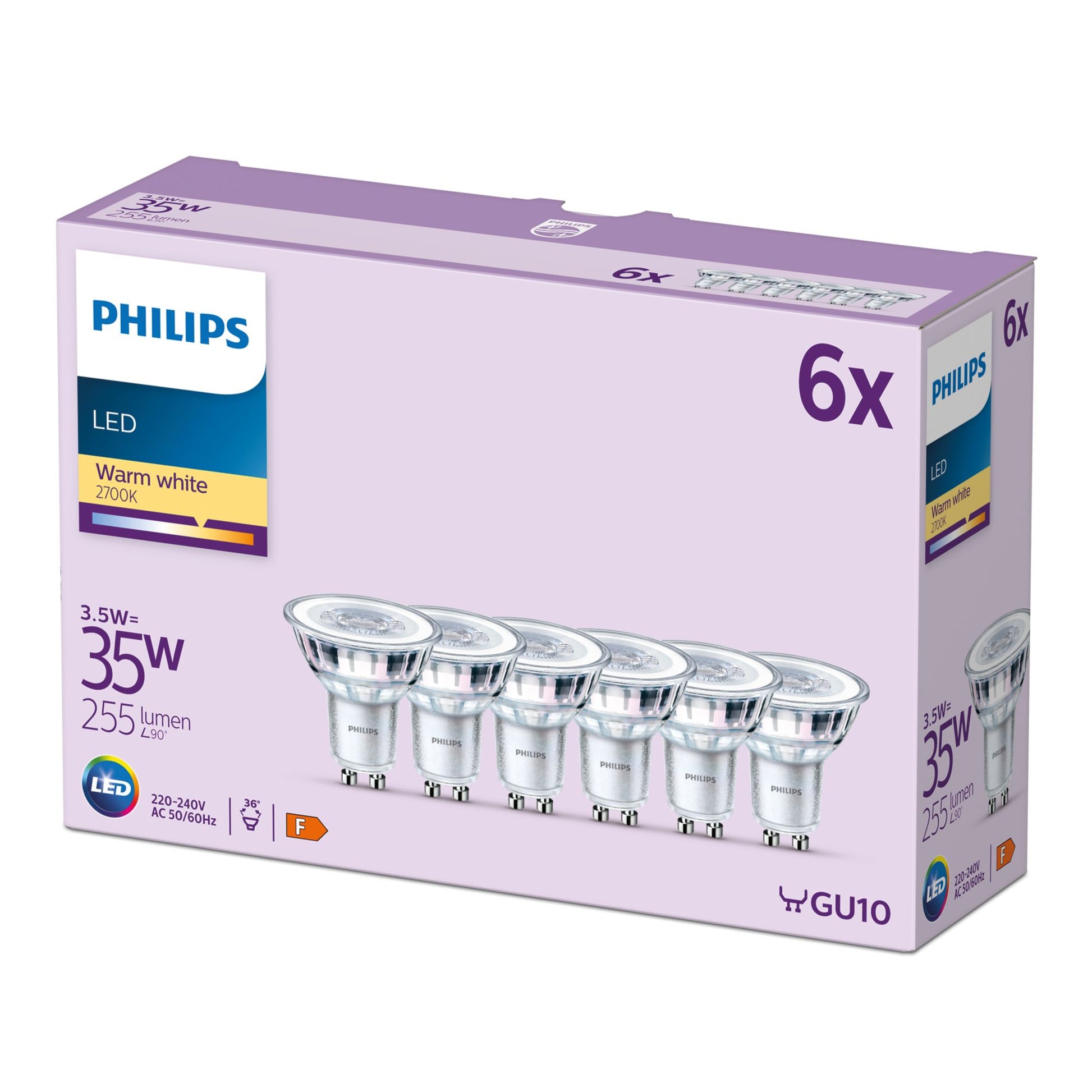 Philips by Signify Philips LED-Leuchtmittel GU10 Reflektor – Warmweiss 2700 K, 255 lm, 3,5 W – 6 Stk., Silber