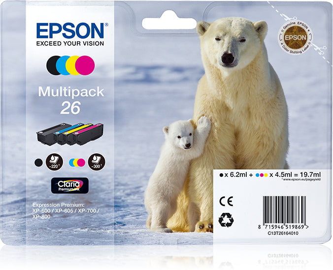 Epson 26 Claria Tintenpatronen-Multipack, Schwarz/Cyan/Magenta/Gelb (Original) – für Epson XP-820/720/625