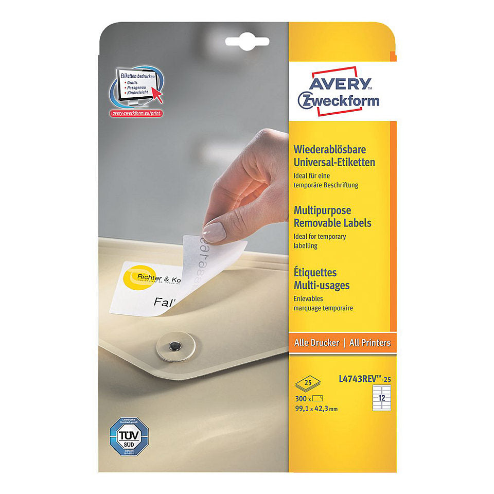 Avery Bogenetiketten, 99,1 mm × 42,3 mm, weiss, Papier, wiederablösbar, 30 Blätter (360 Etiketten)