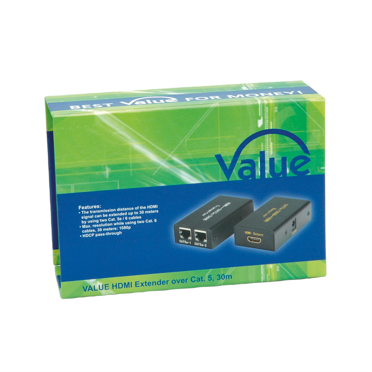VALUE HDMI-Extender-Set über Cat5e, 2× RJ-45, HDMI 1.3, 1080p@60 Hz, 30 m, HDCP, Schwarz