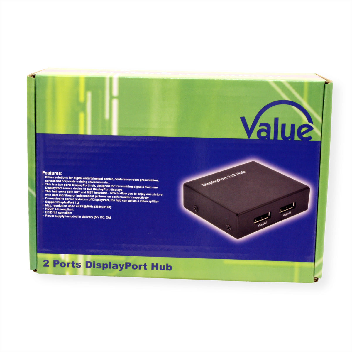 VALUE DisplayPort-Splitter, 1× DP Ein / 2× DP Aus, 4K@30 Hz, HDCP 1.3, Schwarz