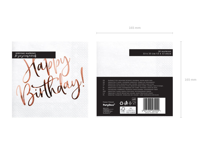 PartyDeco Servietten Happy Birthday – weiss – 33 × 33 cm, 3-lagig – 20 Stück
