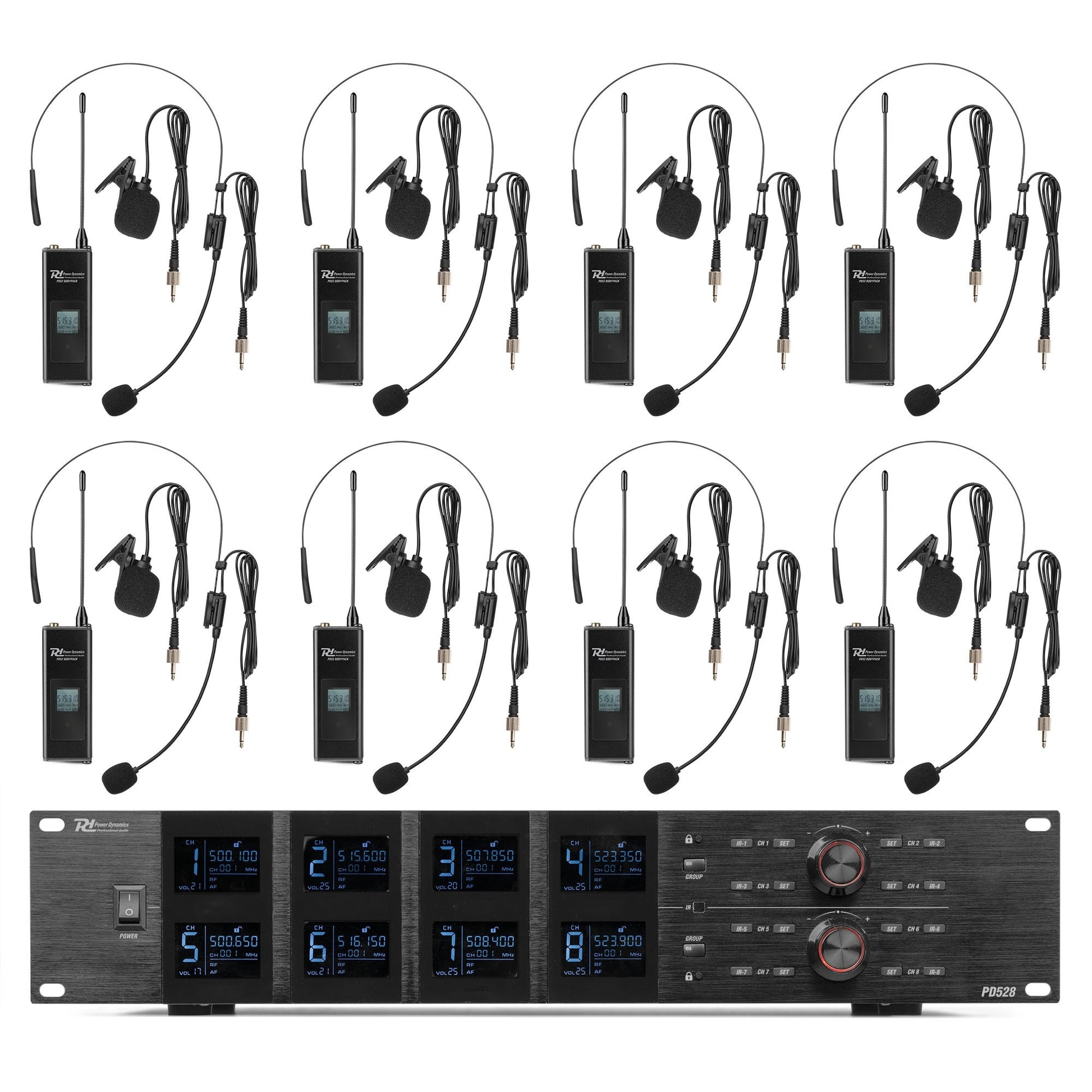 Power Dynamics PD528B Headsetmikrofon 8er-Set – USB, 6,35 mm Klinke, XLR, Kabellos, Niere, 500–530 MHz
