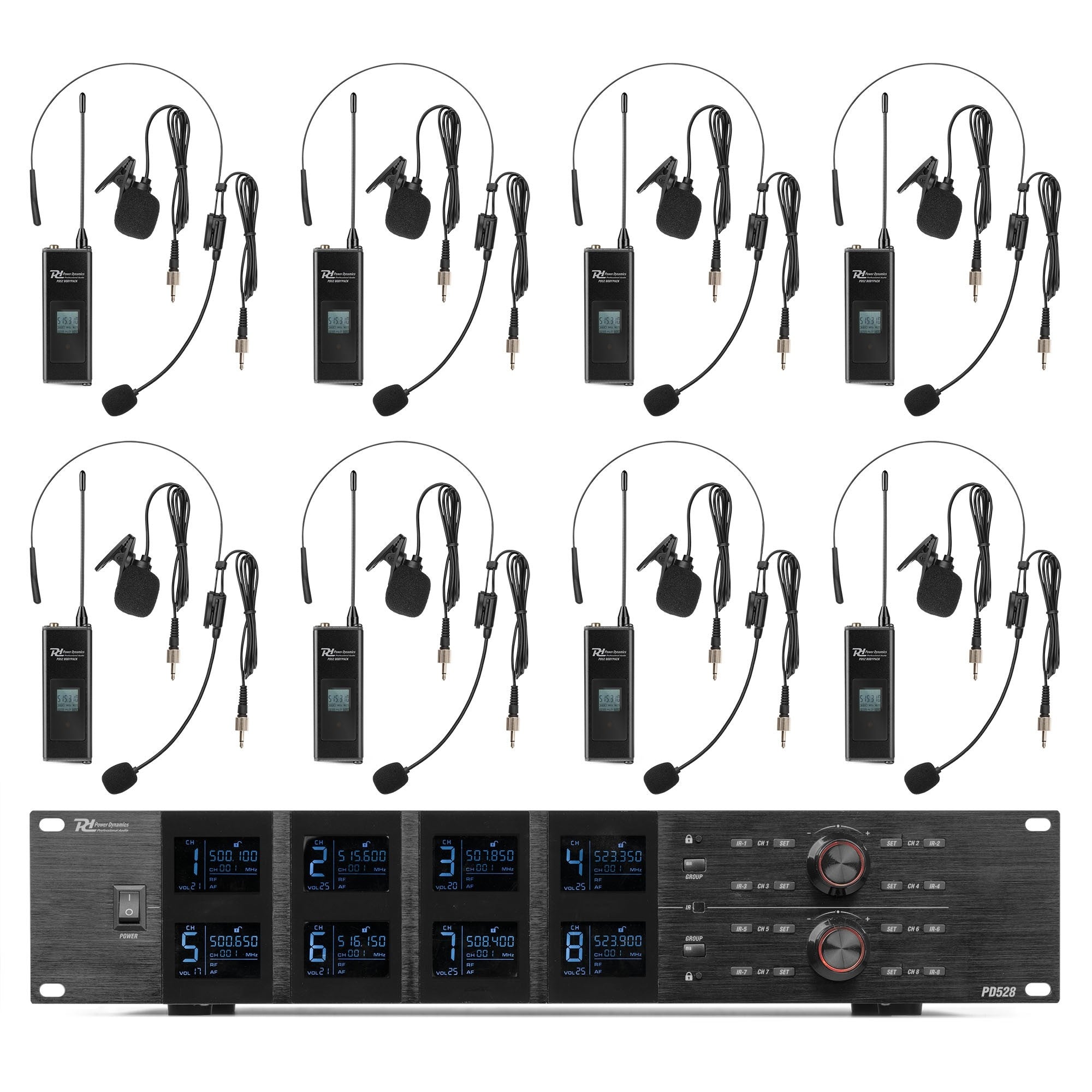 Power Dynamics PD528B Headsetmikrofon 8er-Set – USB, 6,35 mm Klinke, XLR, Kabellos, Niere, 500–530 MHz