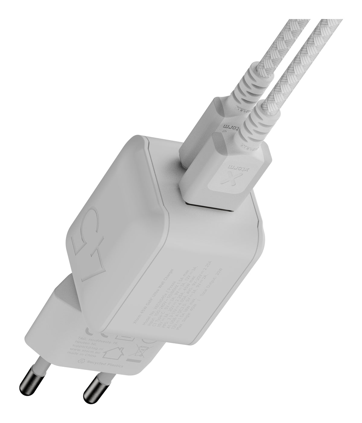Xtorm XECNG450 USB-Ladegerät 45 W – USB-C×1, USB-A×1 – PD, QC 3.0, GaN – für Telefon, Tablet, iPad – Weiss