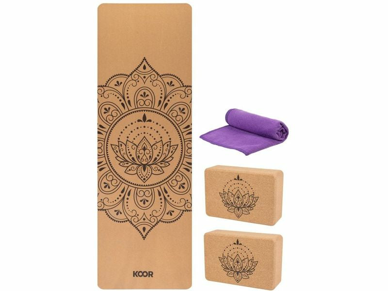KOOR Yoga-Set (Matte & Block) – 4-teilig – 183 × 61 × 0,4 cm – braun, violett – Kork