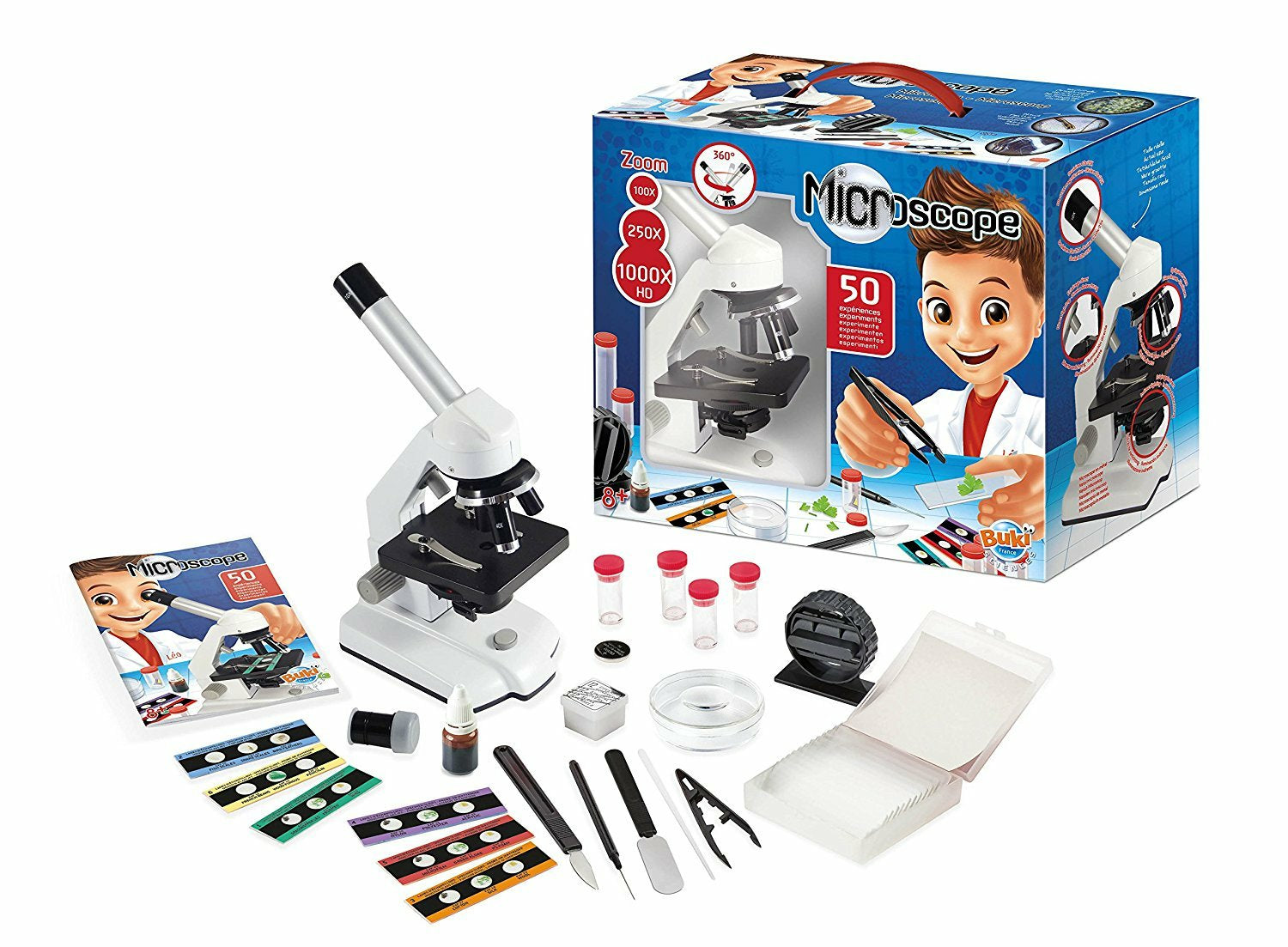 Buki Experimentier-Bausatz – MIKROSKOP 50 EXPERIMENTE, 100×, 250×, 1000×, batteriebetrieben, ab 8 Jahren
