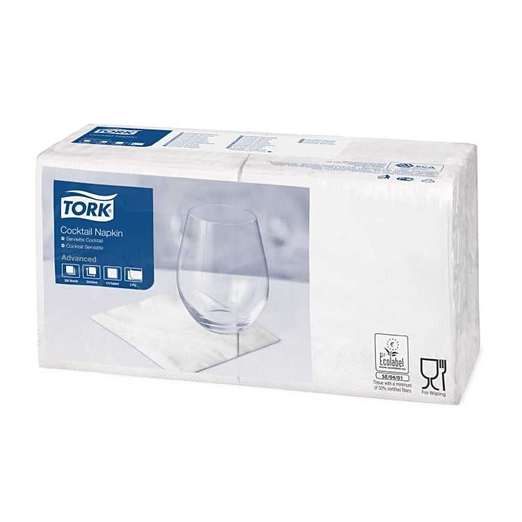 Tork Cocktail-Servietten Weiss – 24 × 24 cm, 2-lagig, 1/4-Falz – 2400 Stück