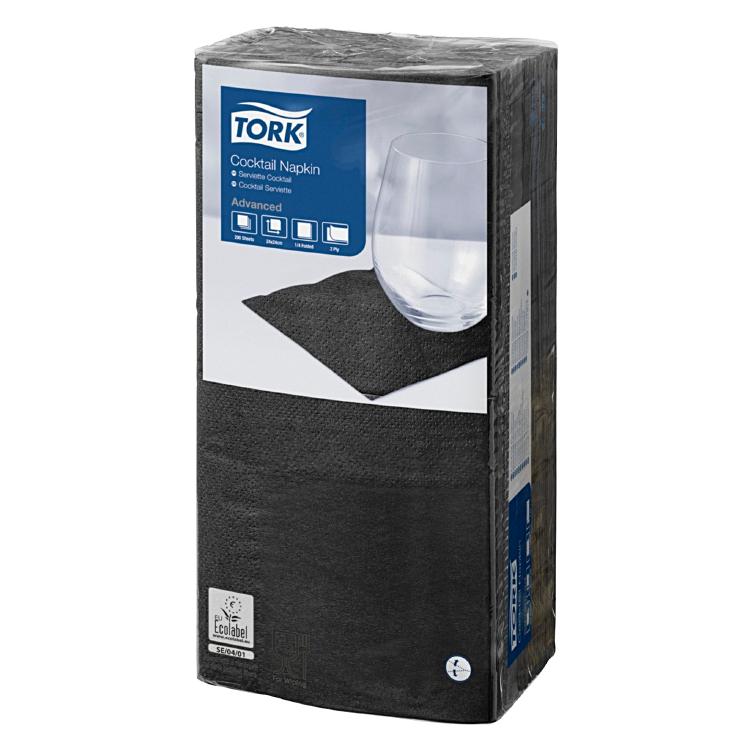 Tork Cocktail-Servietten – schwarz – 23,8 × 24 cm, 2-lagig, 1/4-Falz – 2400 Stück