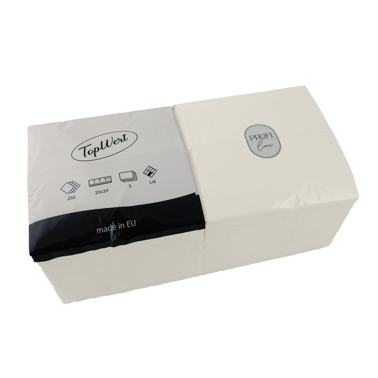 TOPWERT Servietten – Buttercreme – 33 × 33 cm, 3-lagig, 1/8-Falz – 250 Stück
