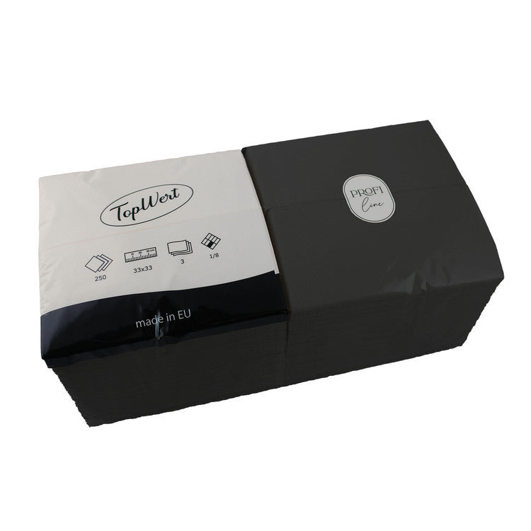 TOPWERT Servietten – schwarz – 33 × 33 cm, 3-lagig, 1/8-Falz – 250 Stück