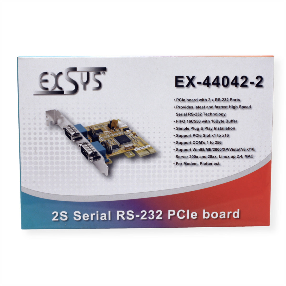 EXSYS EX-44042-2 PCIe-Seriell-Karte – 2× RS-232 (9-pol D-Sub), PCIe x1, Full-Profile, für PC/Windows