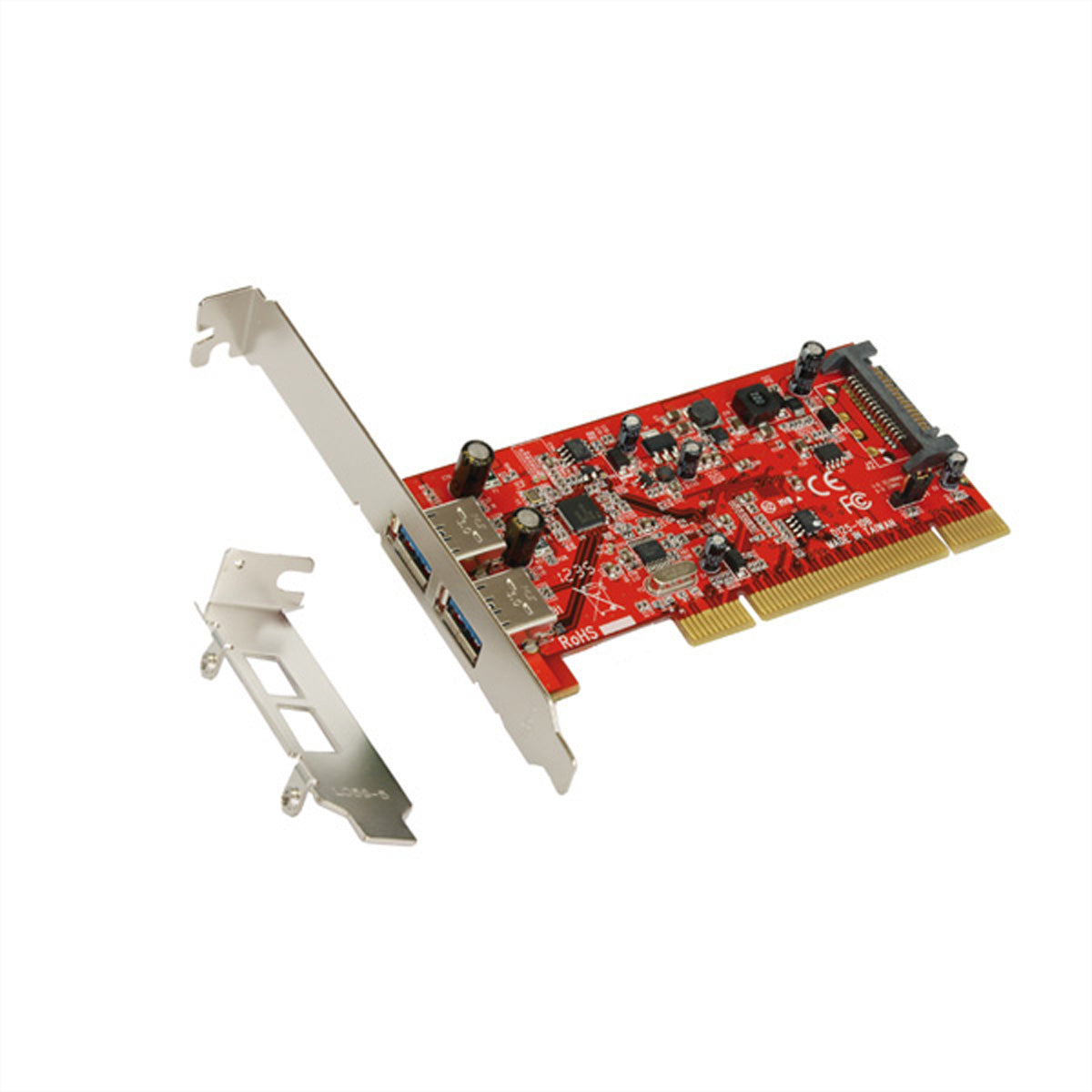 EXSYS EX-1092 PCI Adapterkarte – 2× USB-A (USB 3.2 Gen 1, 5 Gbit/s), Low-Profile, SATA-Strom – für PC – Silber
