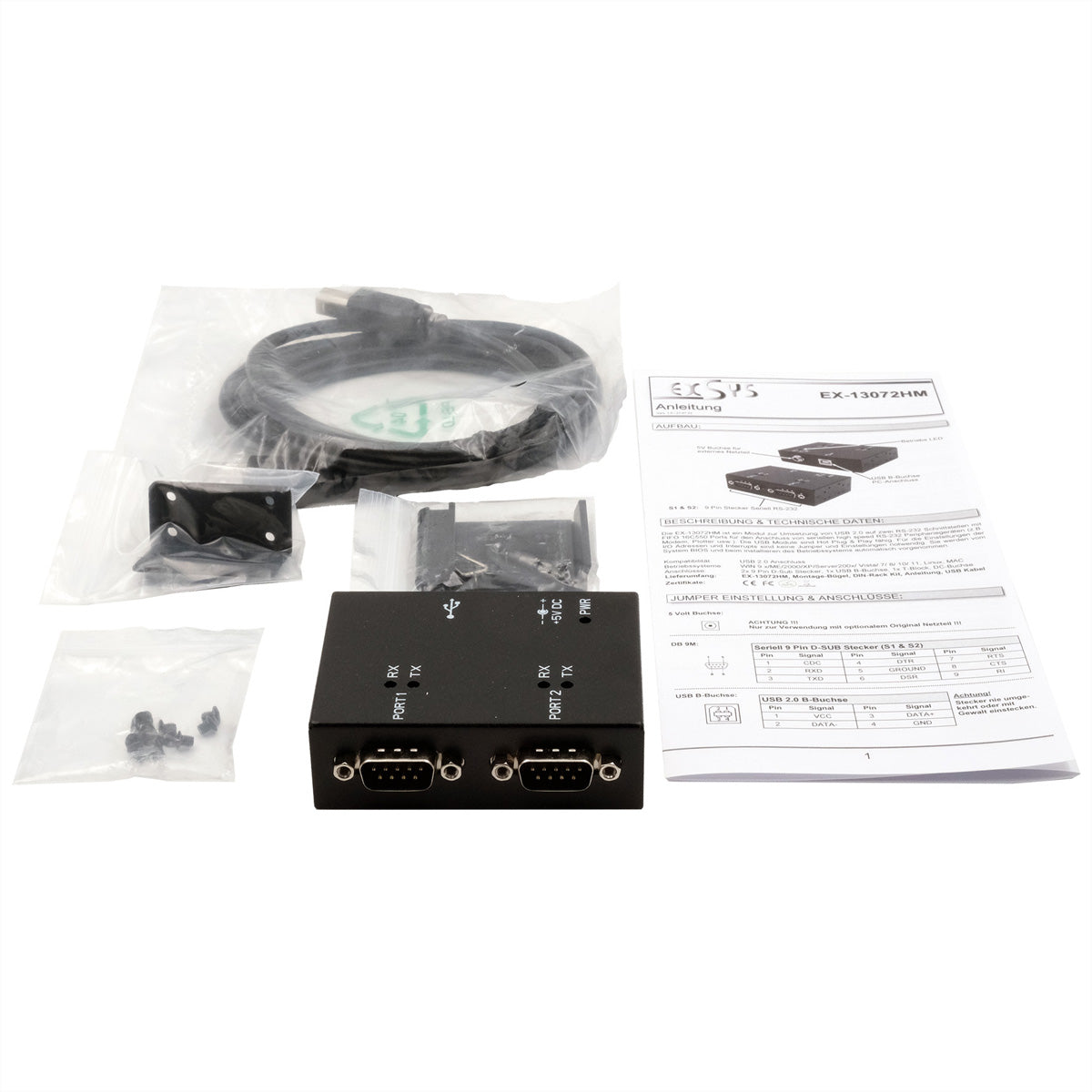EXSYS EX-13072HM USB-zu-Seriell Konverter USB zu RS-232 – 2× 9-polig RS-232, FTDI