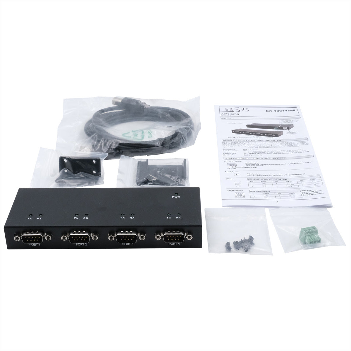 EXSYS EX-13074HM USB-zu-RS-232 Konverter – 4× RS-232, USB 2.0, FTDI Chip – Schwarz