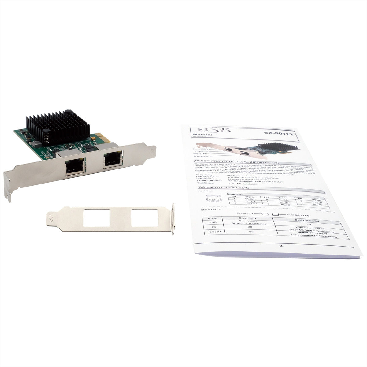 EXSYS EX-60112 PCIe Netzwerkkarte – 2,5 Gbit/s, 2× RJ-45, PCIe x1, Realtek RTL8125B, Low Profile