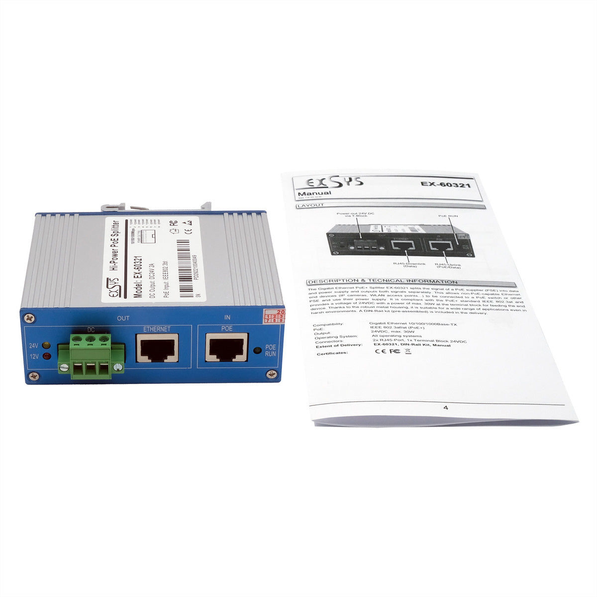 EXSYS EX-60321 PoE-Splitter – 24 VDC/30 W, PoE (IEEE 802.3af), 1× 1G (RJ-45), IP40, DIN-Schiene
