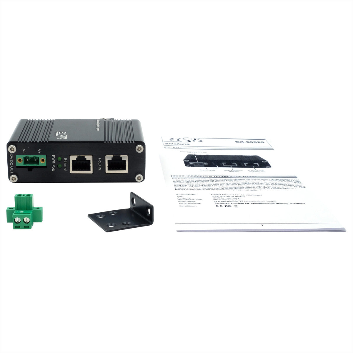 EXSYS EX-60325 PoE+ Splitter – Gigabit, 12 V/20 W, 1× RJ-45 – für nicht-PoE-Geräte (IP-Kamera, WLAN-AP)
