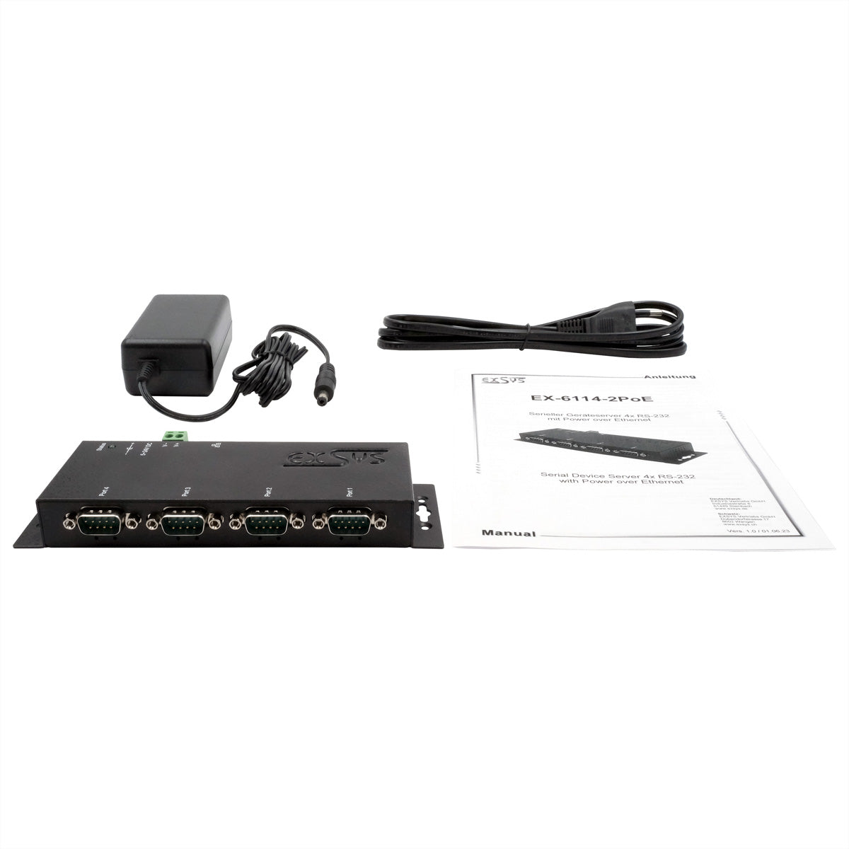 EXSYS EX-6114-2PoE Serieller Geräteserver RS-232 zu Ethernet – 4× RS-232, Metallgehäuse