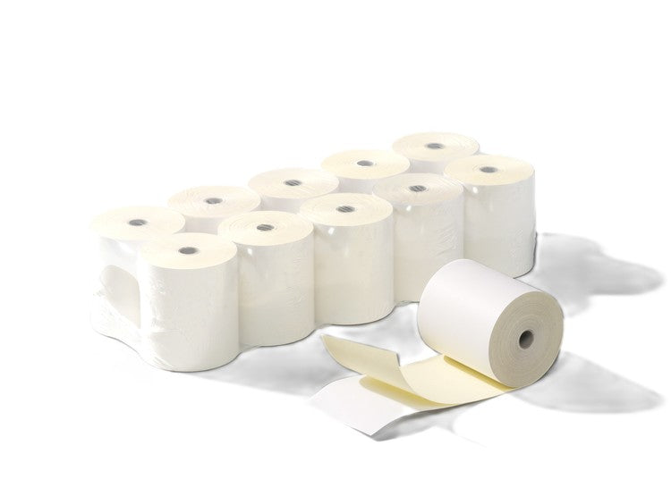 Kassarolle 2-fach, selbstdurchschreibend, weiss/gelb – 76 mm × 25 m, Kern 12 mm
