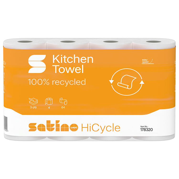 Satino Haushaltspapier – hochweiss, Recycling-Fasermischung – Rolle 64 Blatt – Sack 32 Rollen – EU Ecolabel