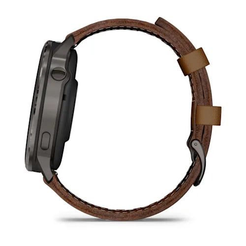 Garmin Venu 4 45 mm GPS – Edelstahl Schwarz, Braunes Lederarmband, 50 m, für iPhone