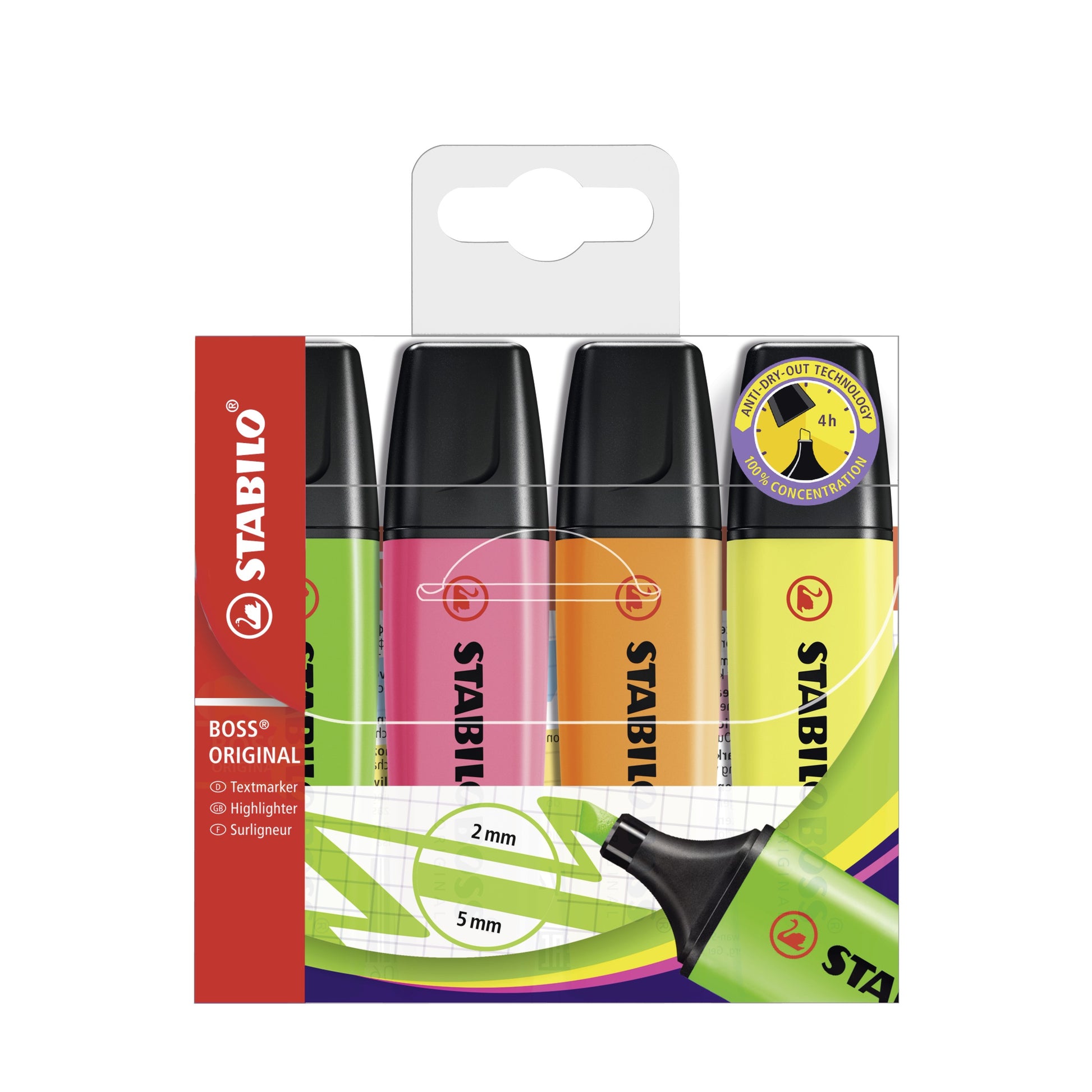 STABILO BOSS Original Textmarker Set 4 Farben – Keilspitze, 2–5 mm, nachfüllbar
