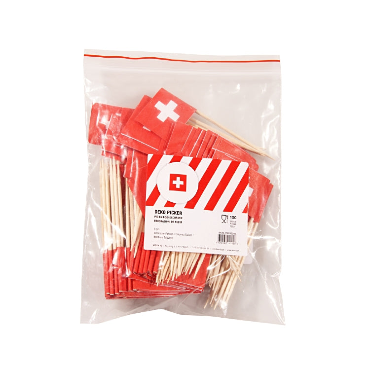 Party-Piekser Schweizer Fahnen – 2,5 × 3,5 cm – 8 cm – Papier/Holz – 100 Stk
