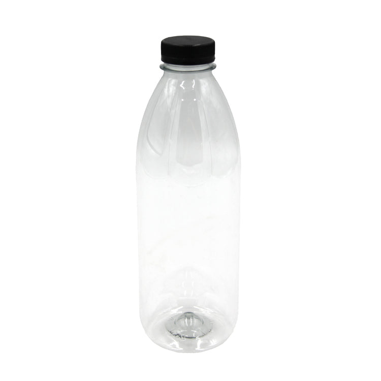 PET-Flasche – 74er Set, 1 l, Kunststoff (PET, 30% rPET), Transparent, mit schwarzem PE-Deckel