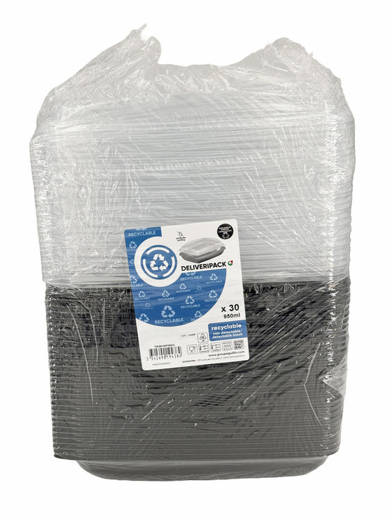 Take-away-Box, PP, mit Deckel – 950 ml, schwarz/transparent – 30 Stk.