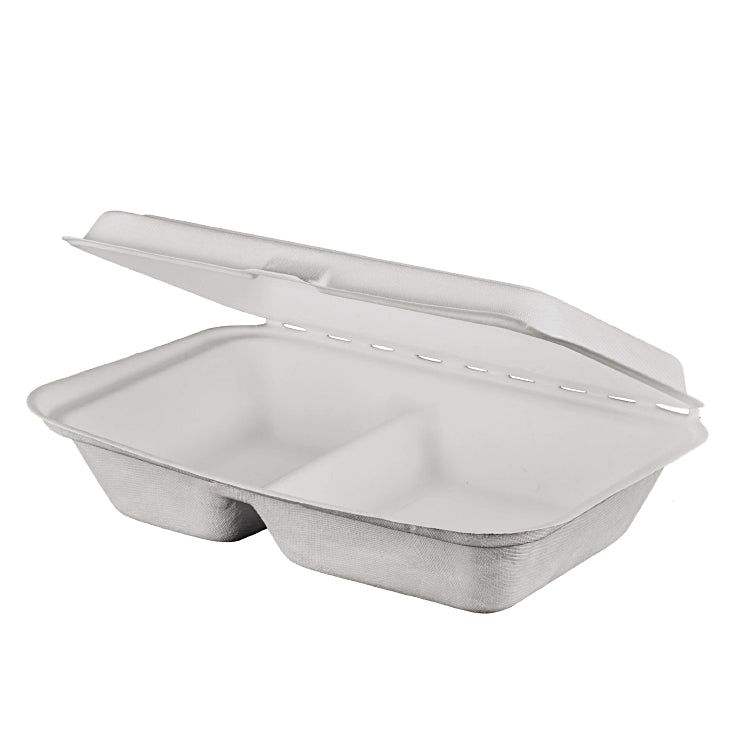Take-away-Box, Bagasse (Zuckerrohr), 2-geteilt – 250,9 × 162 × 63,2 mm – kompostierbar – 50 Stk.