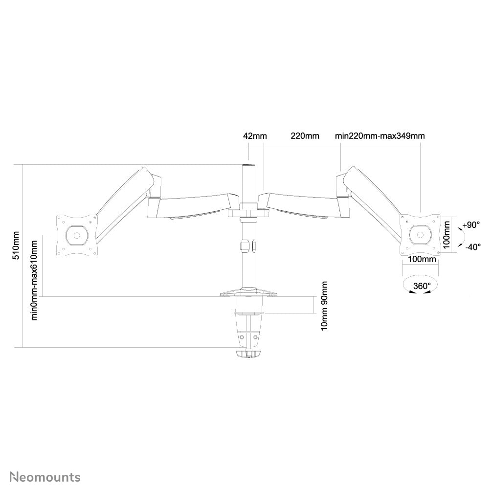 Neomounts Monitorarm, Dual, Tischklemme/Tischdurchführung, bis 27", höhenverstellbar, Gasfeder, Silber