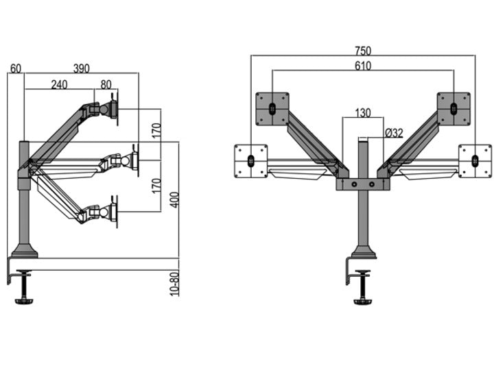 Multibrackets Monitorarm, Dual, bis 32", 10 kg, neigbar, weiss