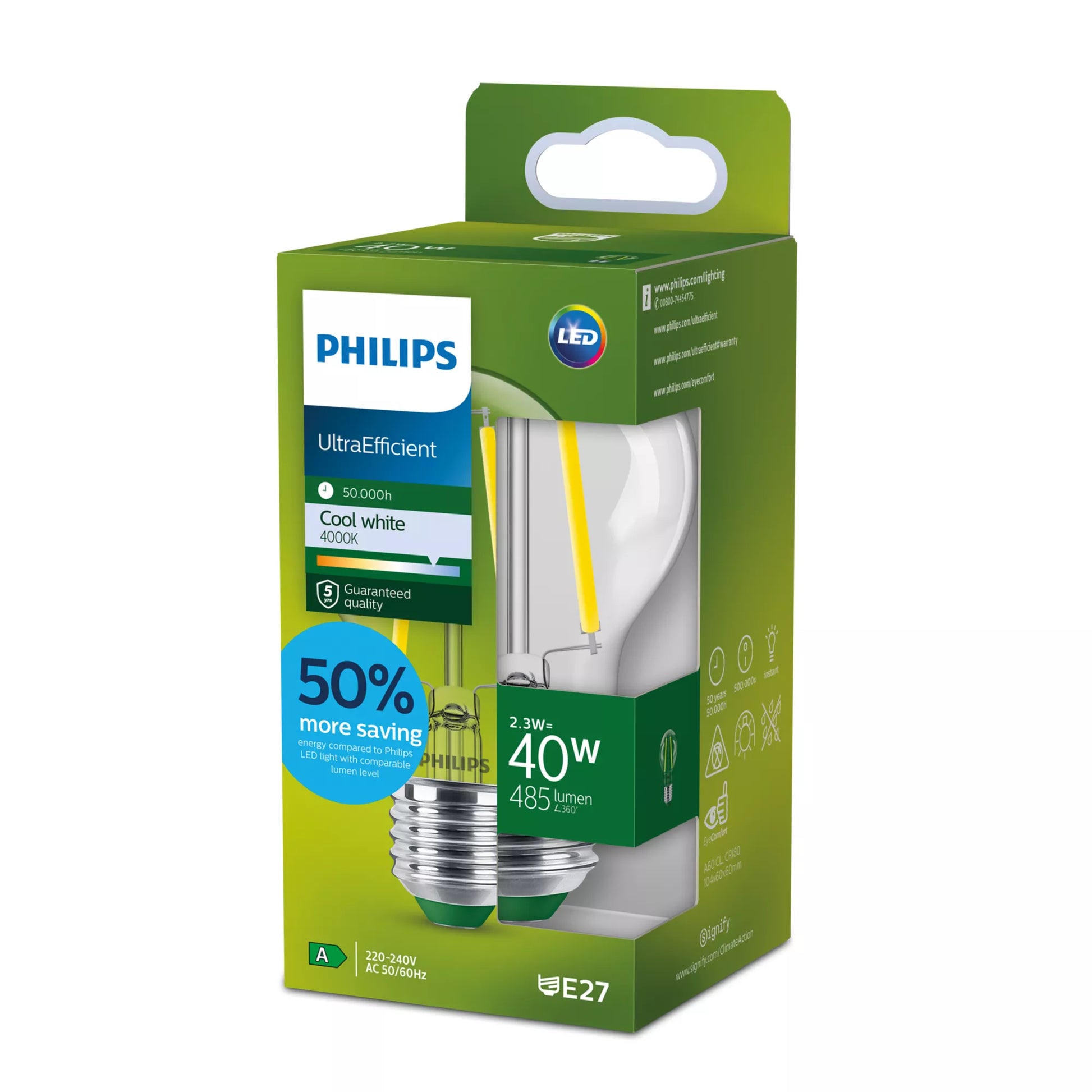 Philips by Signify Philips LED-Leuchtmittel E27 A-Form – Kaltweiss 4000 K, 485 lm, 2,3 W – Klar – 1 Stk.