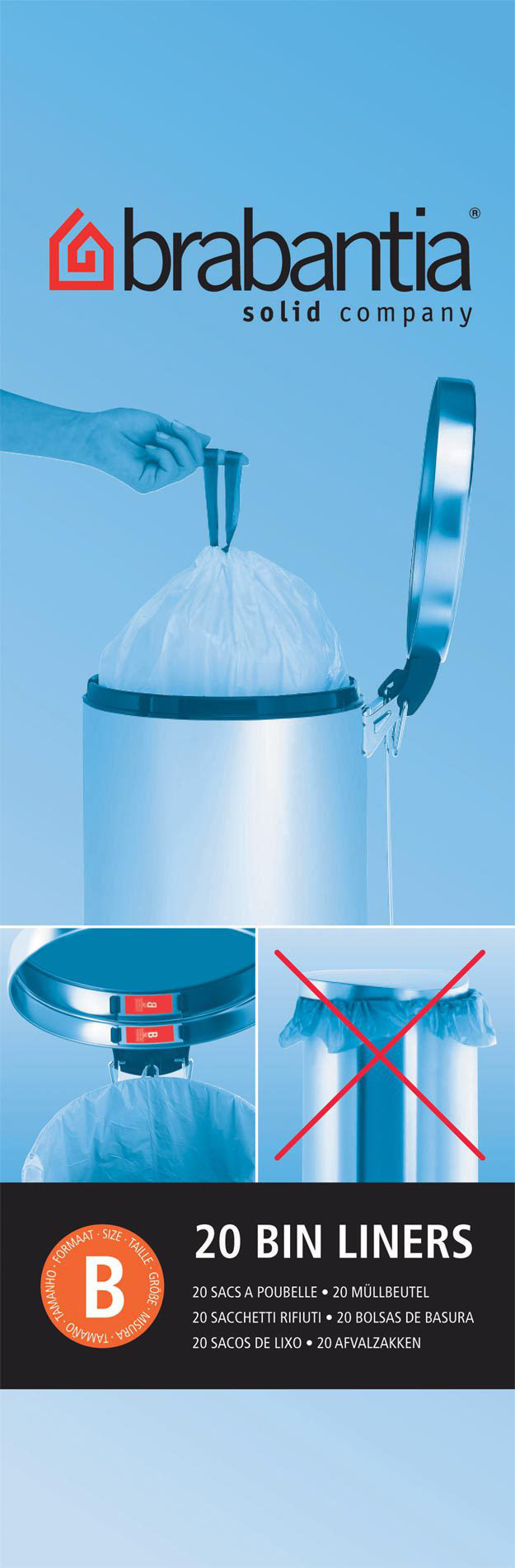 Brabantia Kehrichtsack Code B – 5 l, mit Zugband, PE, weiss, 330 × 340 mm, 20 Stk