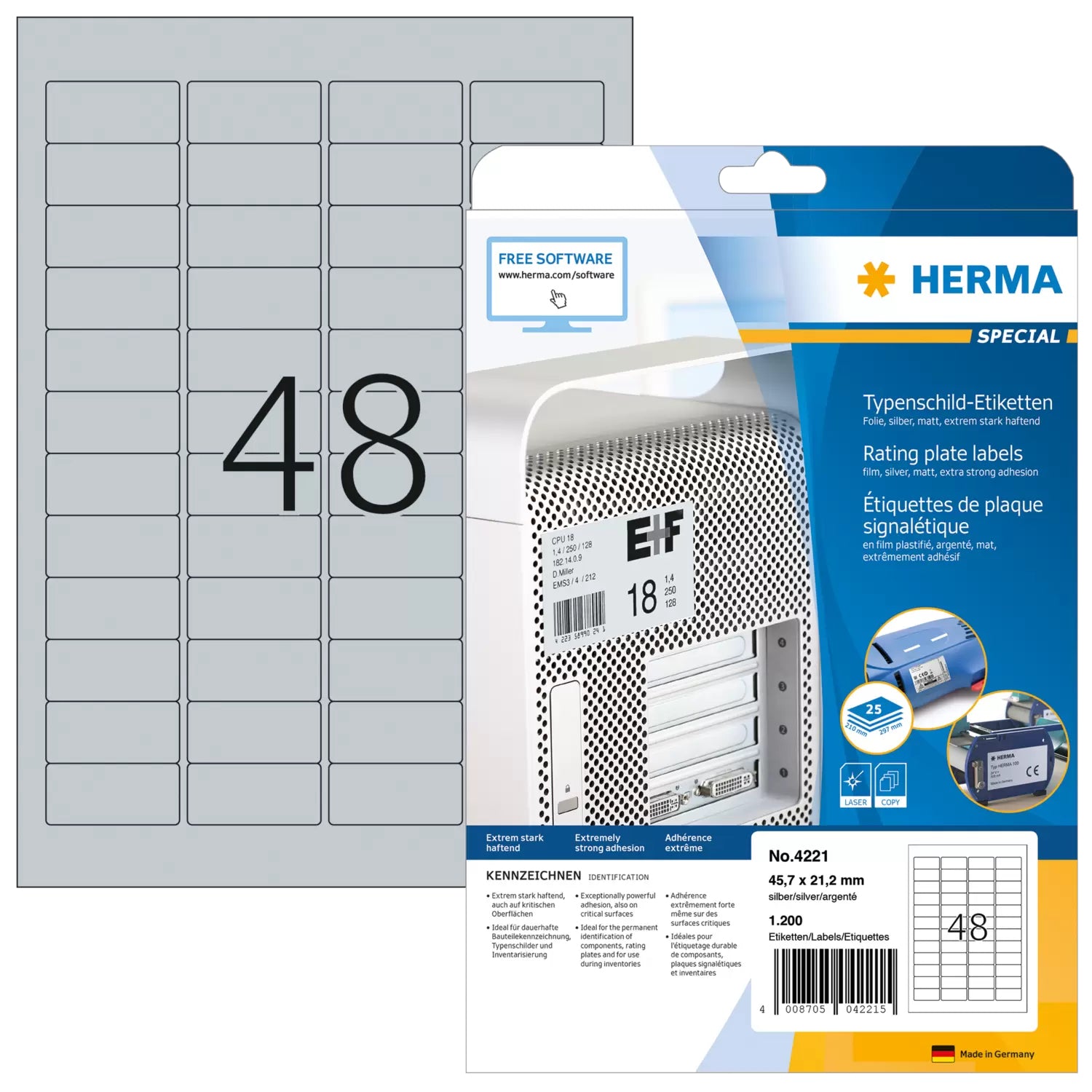 HERMA Typenschild-Etiketten, 46 mm × 21 mm, silber, Folie, extra stark, 25 Blatt