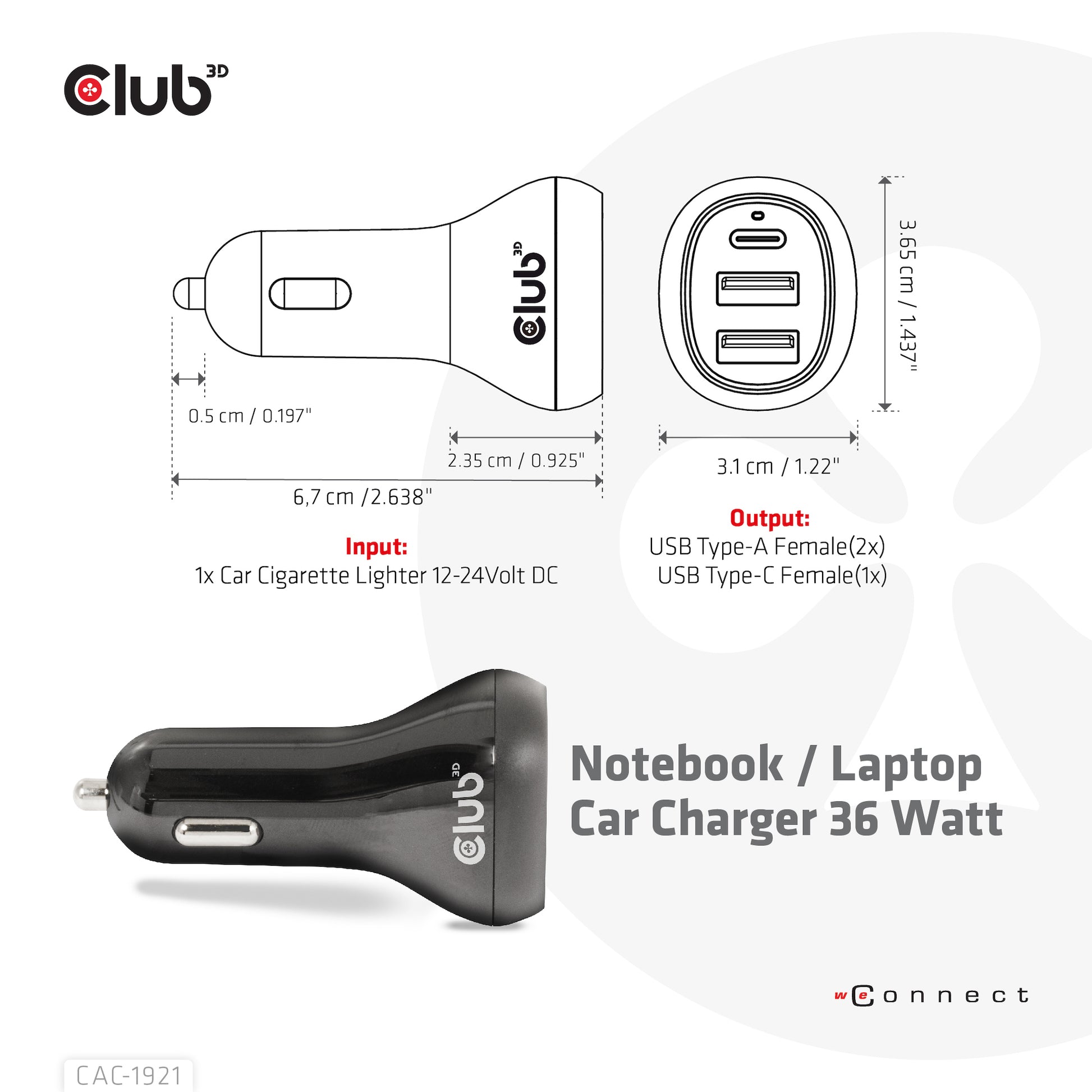 CLUB3D Club 3D CAC-1921 Auto-Ladegerät 36 W – USB-C×1, USB-A×2 – 12–24 V – Schwarz